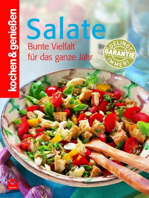 Buchcover mit dem Titel "Salate". Bunte Vielfalt für das ganze Jahr. Logo "kochen & genießen". Abgebildet ist ein Salat in einer Schüssel.