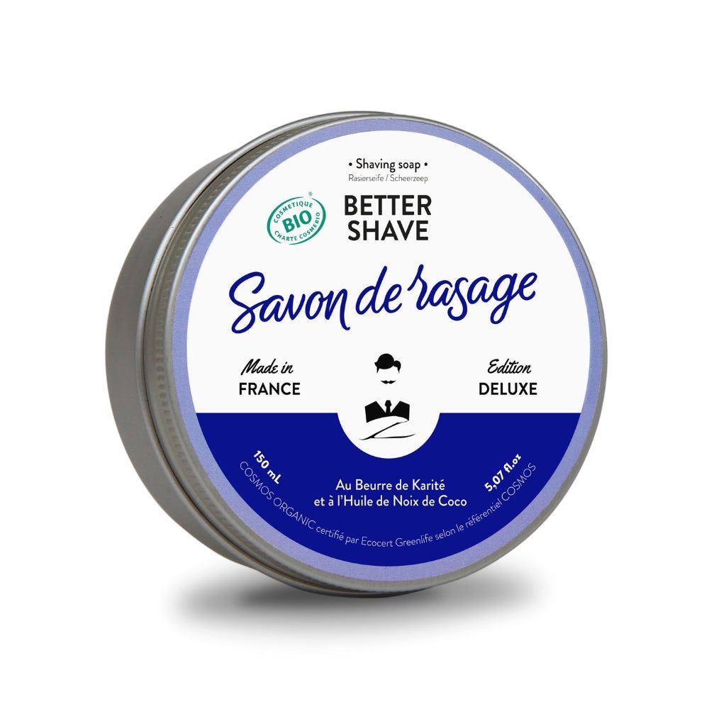 Rasierschaum in Dose. Metallbehälter mit blauem Deckel. Text: "Better Shave", "Savon de rasage", "Made in France", Bio-Zertifizierung.