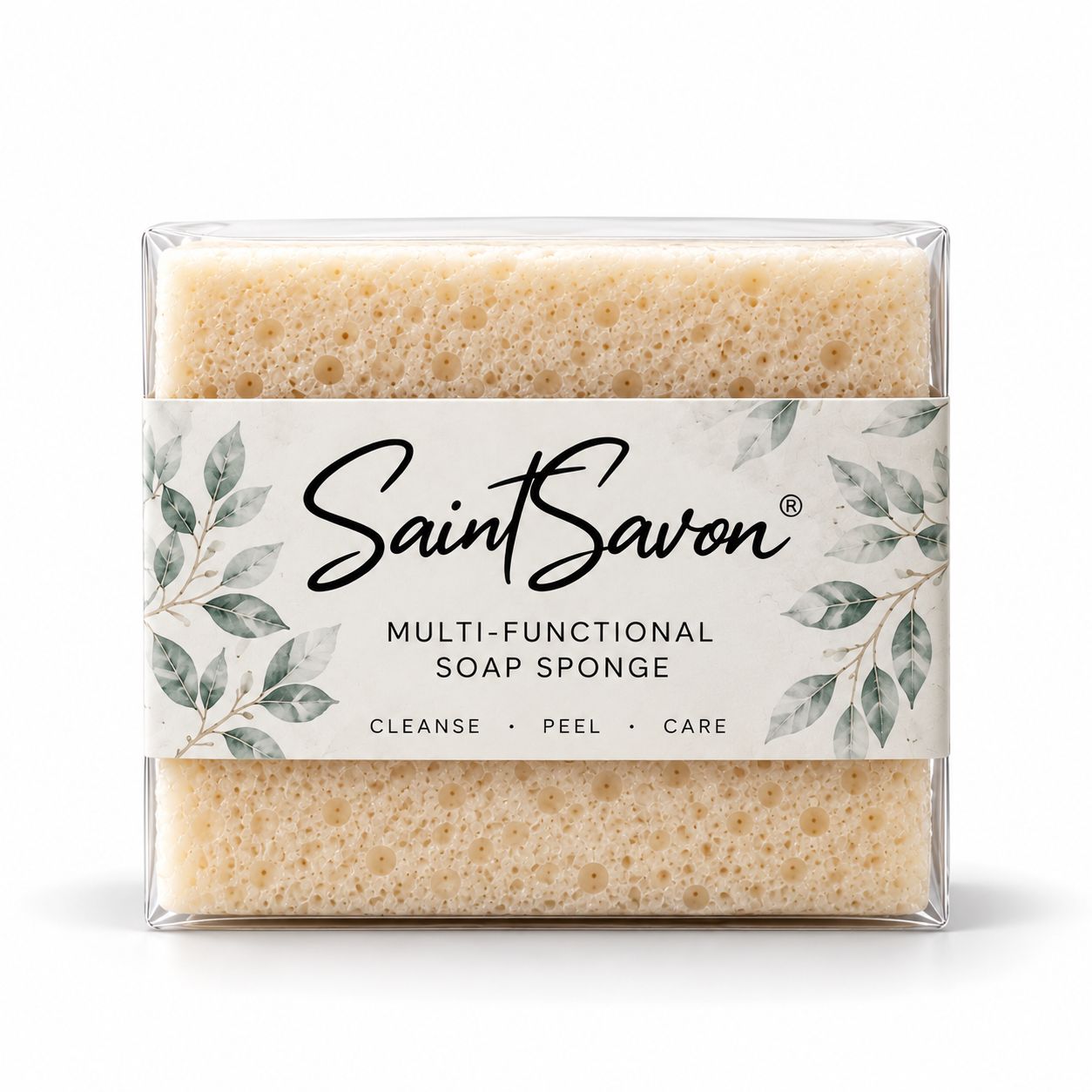 Verpackter Saint Savon Multifunktions-Seifenschwamm mit Blattdekor-Banderole.