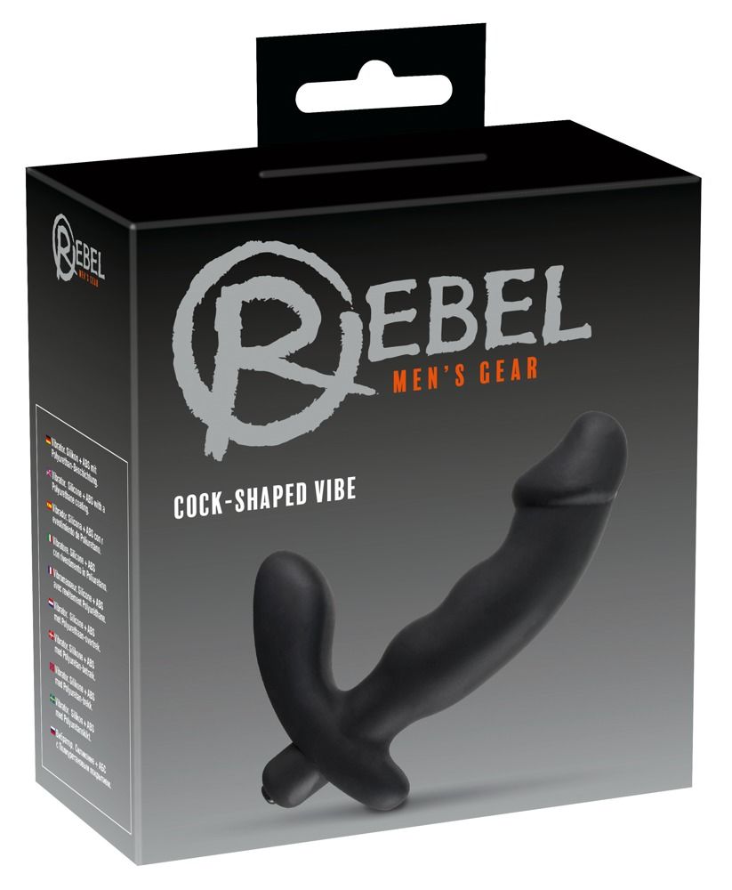 Schwarze Produktverpackung mit Vibrator in Penisform. Marke: Rebel Men's Gear. Text: Cock-Shaped Vibe.