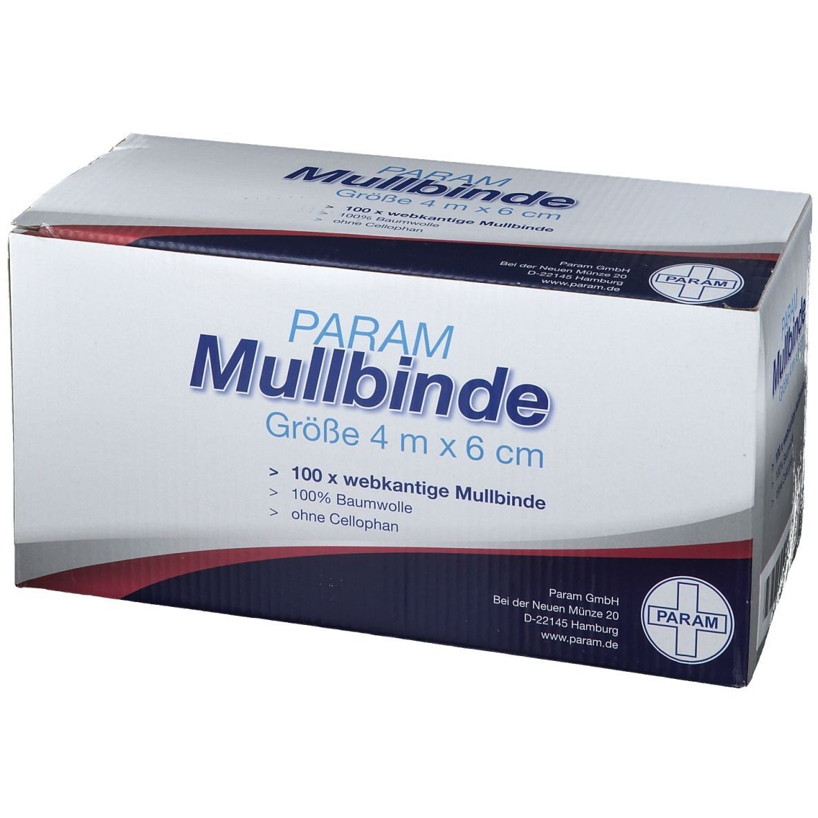 Karton PARAM Mullbinde, 4 m x 6 cm. Text: 100 x webk. Mullbinde, 100% Baumwolle, ohne Cellophan. Logo PARAM.