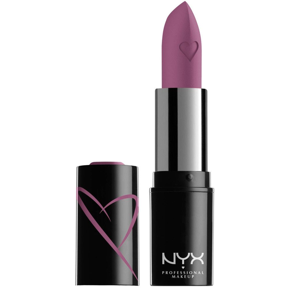 Lippenstift mit schwarzer Hülse und pinkfarbenem Herz-Design. Der Lippenstift ist pinkfarben und hat ein Herz-Symbol. Marke: NYX PROFESSIONAL MAKEUP.
