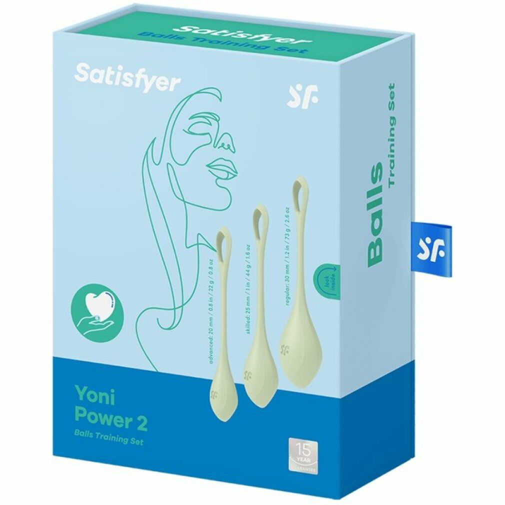 Verpackung mit drei grünen Trainingskugeln. Auf der Verpackung steht "Satisfyer" und "Yoni Power 2".