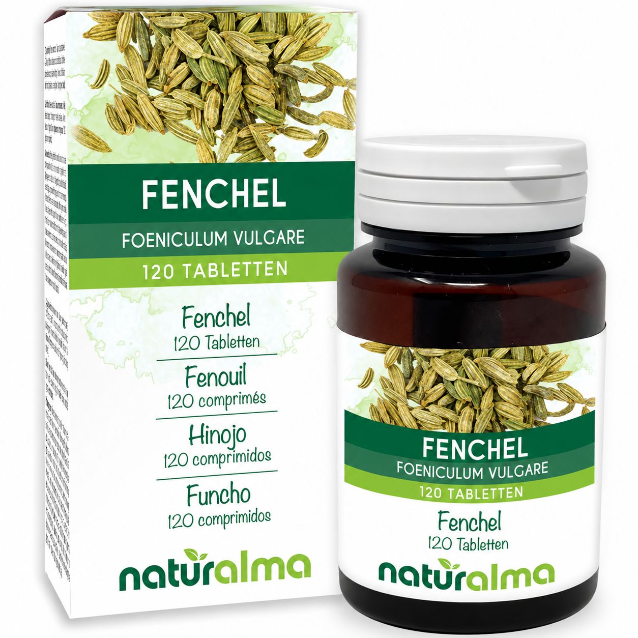 Naturalma Fenchel Tabletten Flasche und Schachtel, 120 Stück.