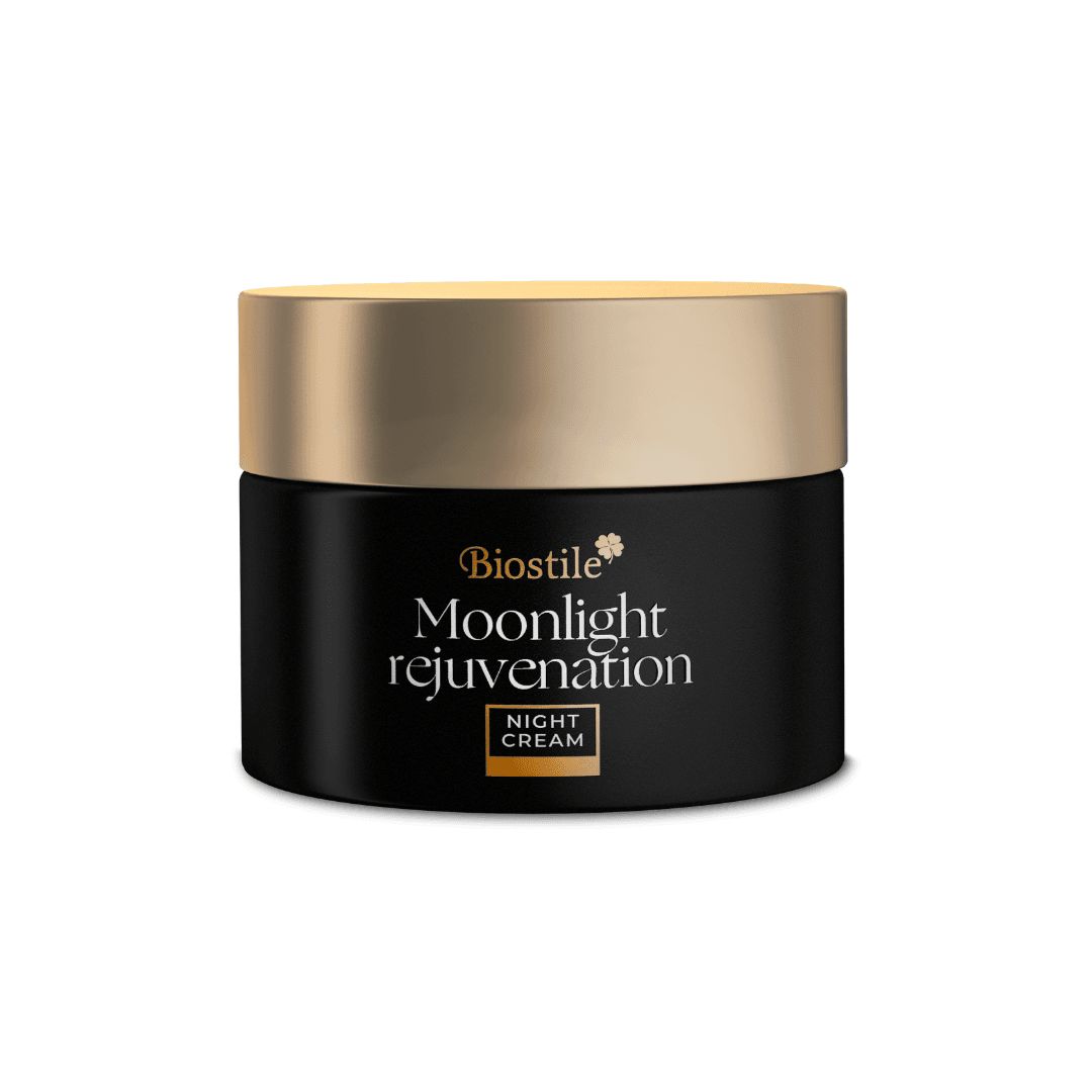 Schwarzer Tiegel mit goldfarbenem Deckel. Aufschrift: Biostile Moonlight Rejuvanation, Nachtcreme.