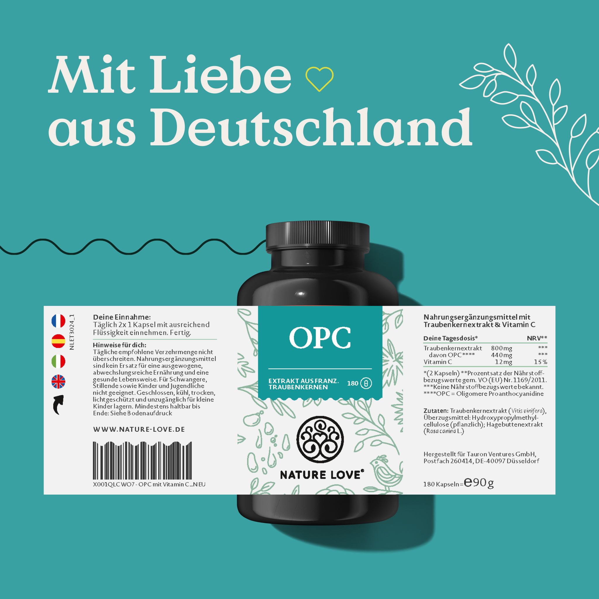 Produktflasche mit Etikett. Aufschrift OPC, Extrakt aus franz. Traubenkernen. Zusätzliche Informationen auf dem Etikett.