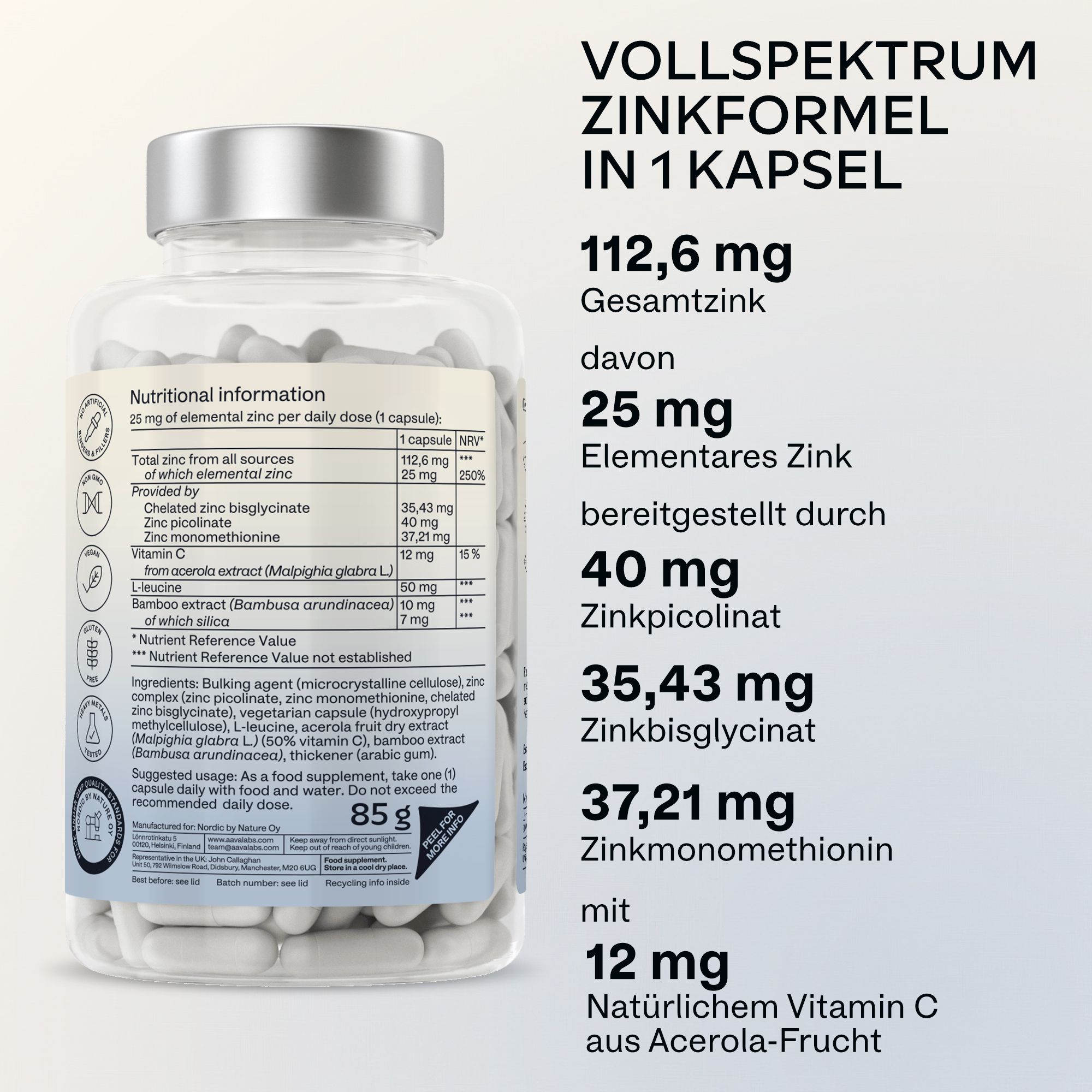 Aavalabs Triple Zinc: Vollspektrum Zinkformel in 1 Kapsel, 112,6mg Zink.
