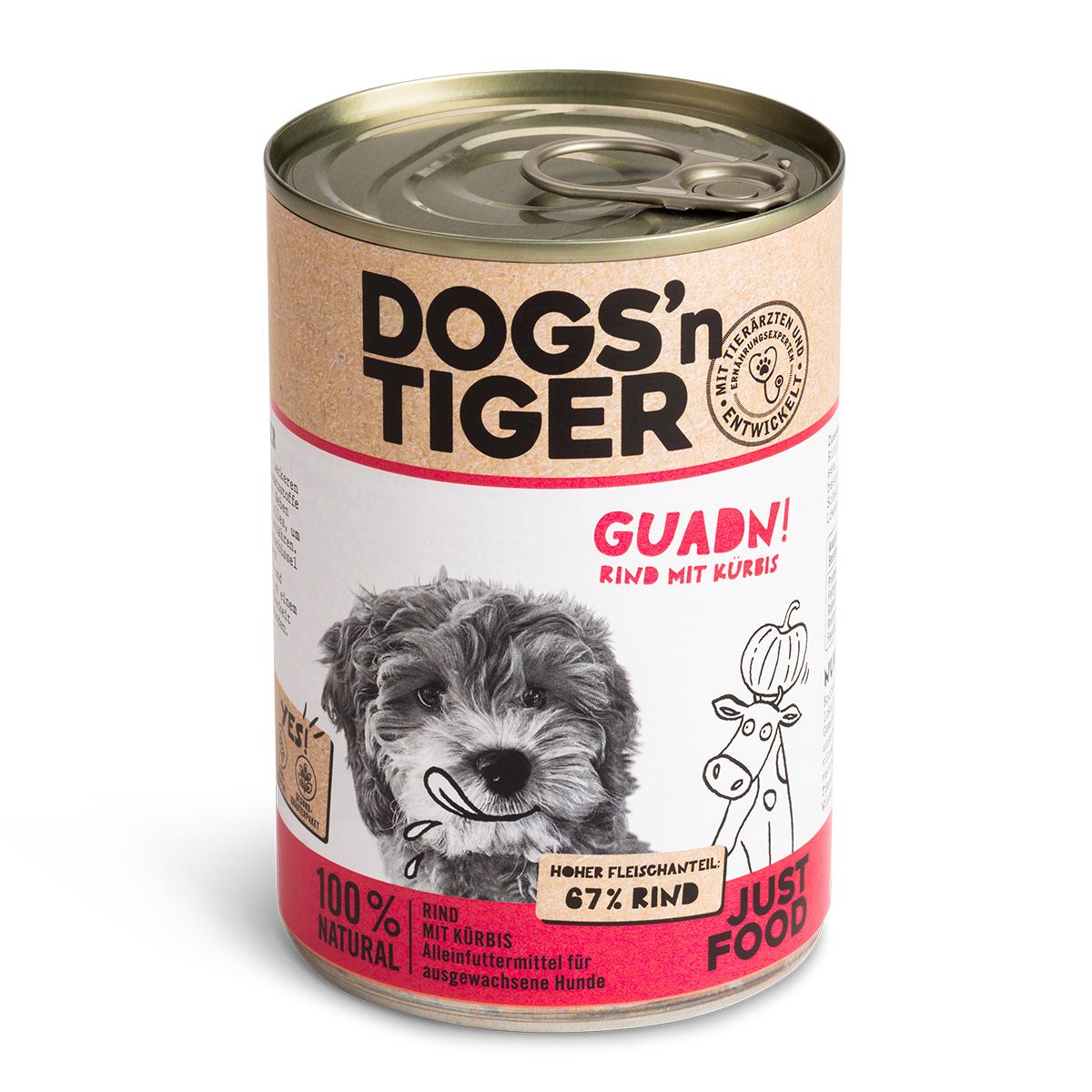 Hundefutterdose "Dogs'n Tiger", Rind mit Kürbis. Aufdrucke: "GUADN!", Hundefoto, 67% Rind, 100% Natural, Just Food.