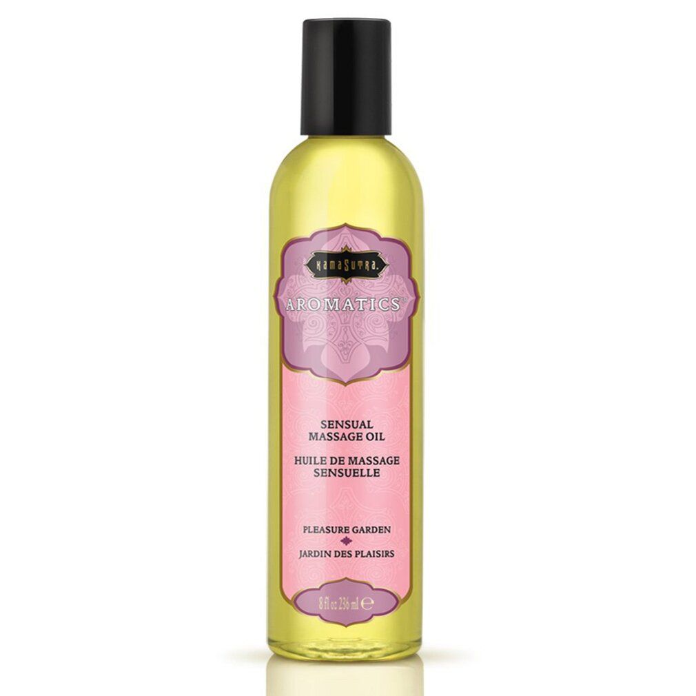 Massageöl Flasche mit rosa Etikett und schwarzem Deckel.