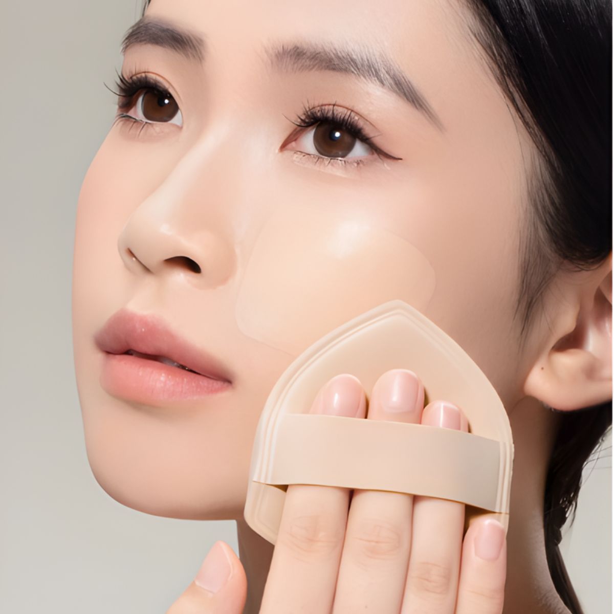 Eine beige, herzförmige Make-up-Puff mit einem Band für Finger.