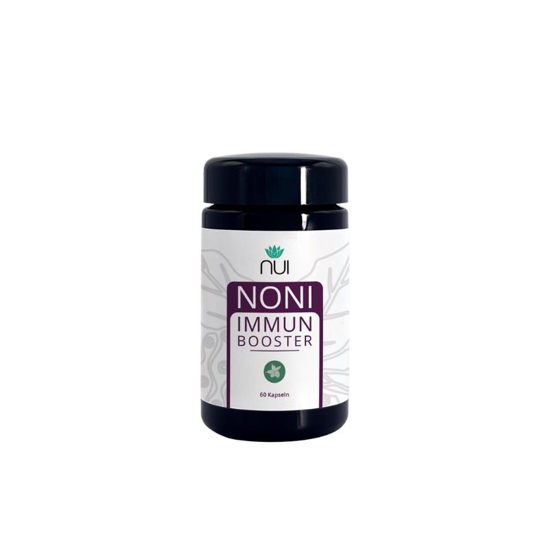 NUI Immunbooster-Kapseln in einer schwarzen Dose. Aufschrift: Noni Immun Booster. 60 Kapseln.