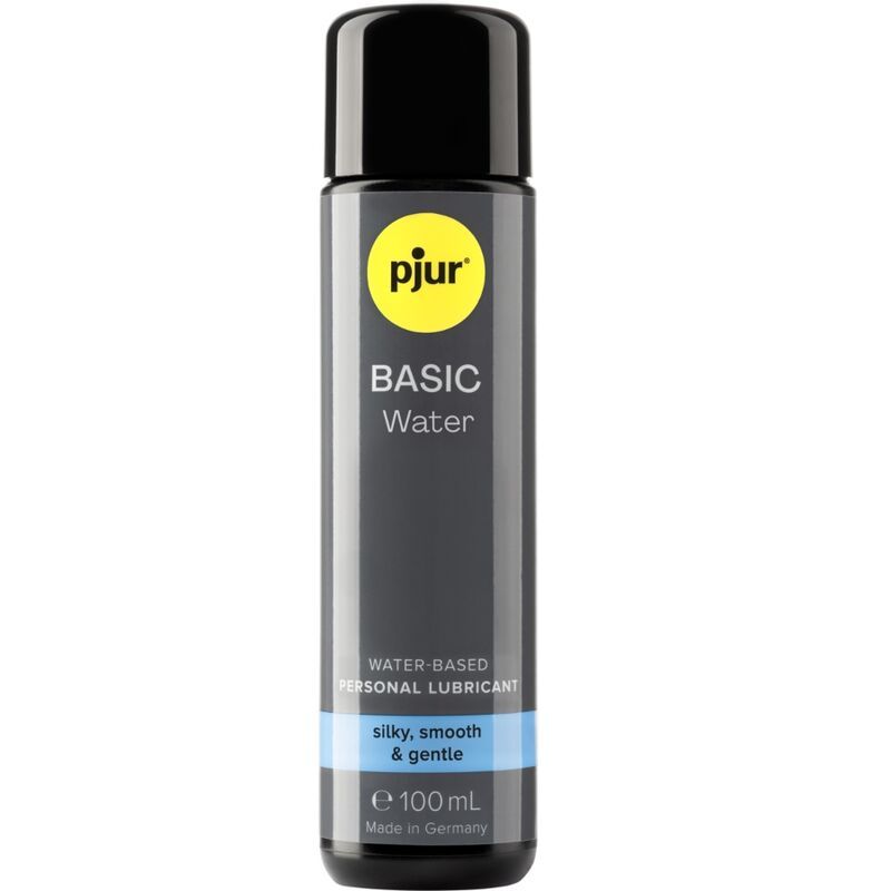 Graue Flasche mit schwarzem Deckel. Aufschrift: pjur BASIC Water. Wasserbasiertes Gleitmittel. Hergestellt in Deutschland.