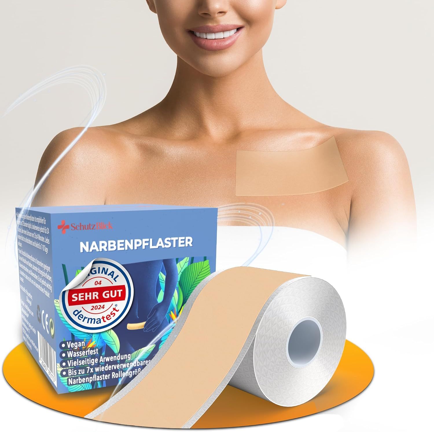 Schutzblick Narbenpflaster Rolle und Verpackung mit Siegel 'Original Sehr Gut'.
