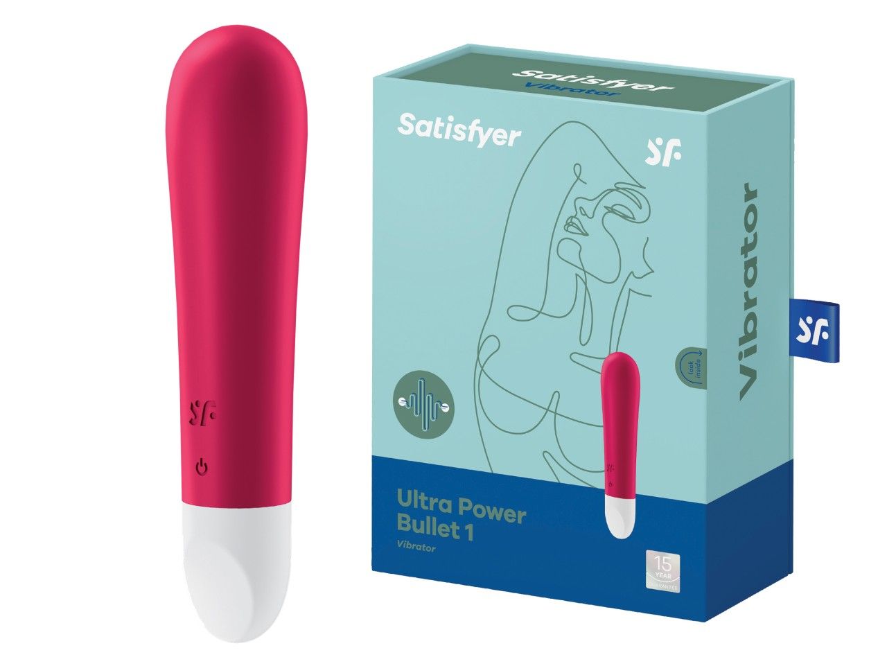 Vibrator und Verpackung. Roter Vibrator, hellblaue Schachtel mit Produktabbildung und Text.