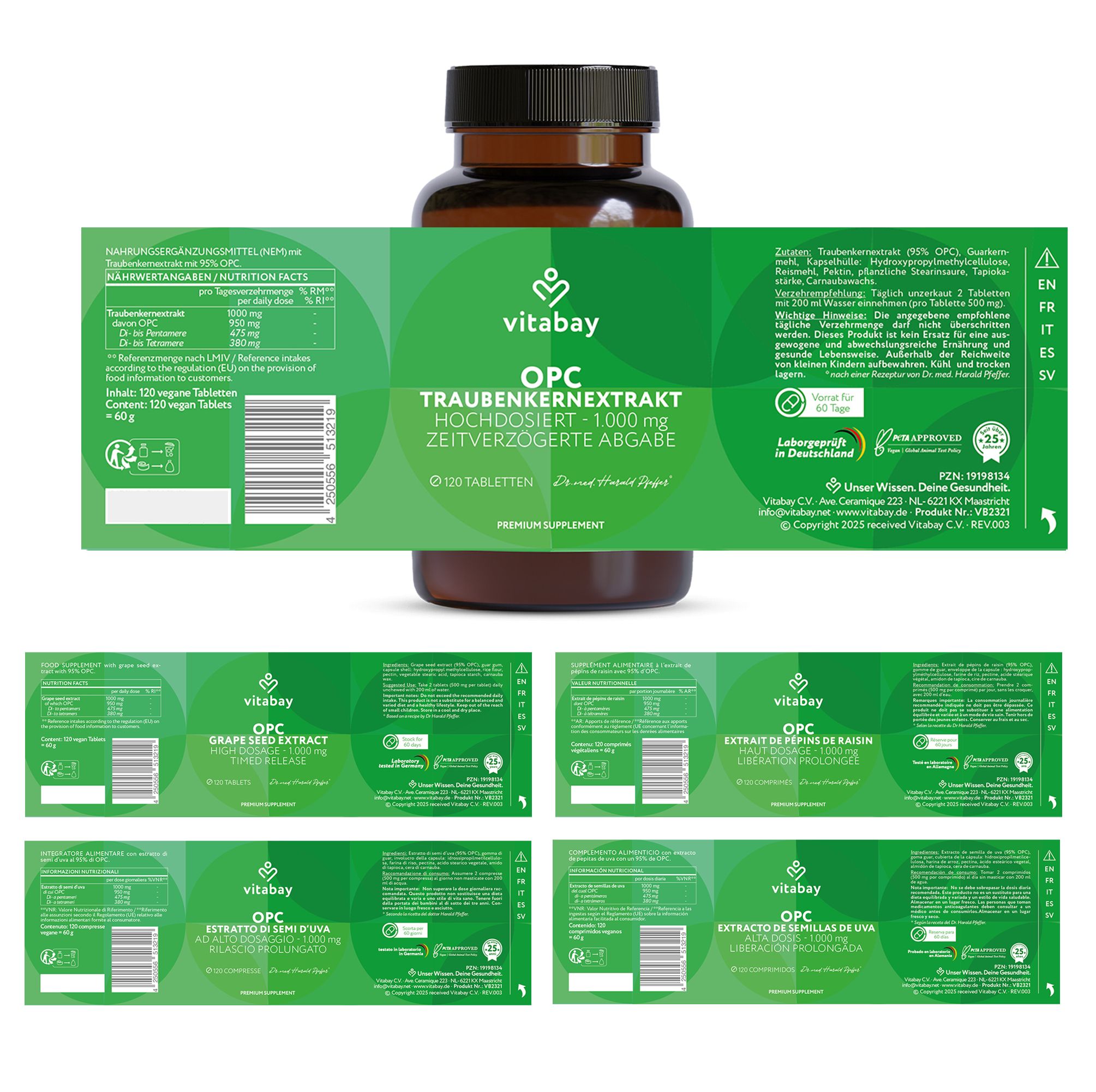 Etikett einer Flasche OPC Traubenkernextrakt. Text in Deutsch, Französisch, Italienisch, Spanisch, Englisch.