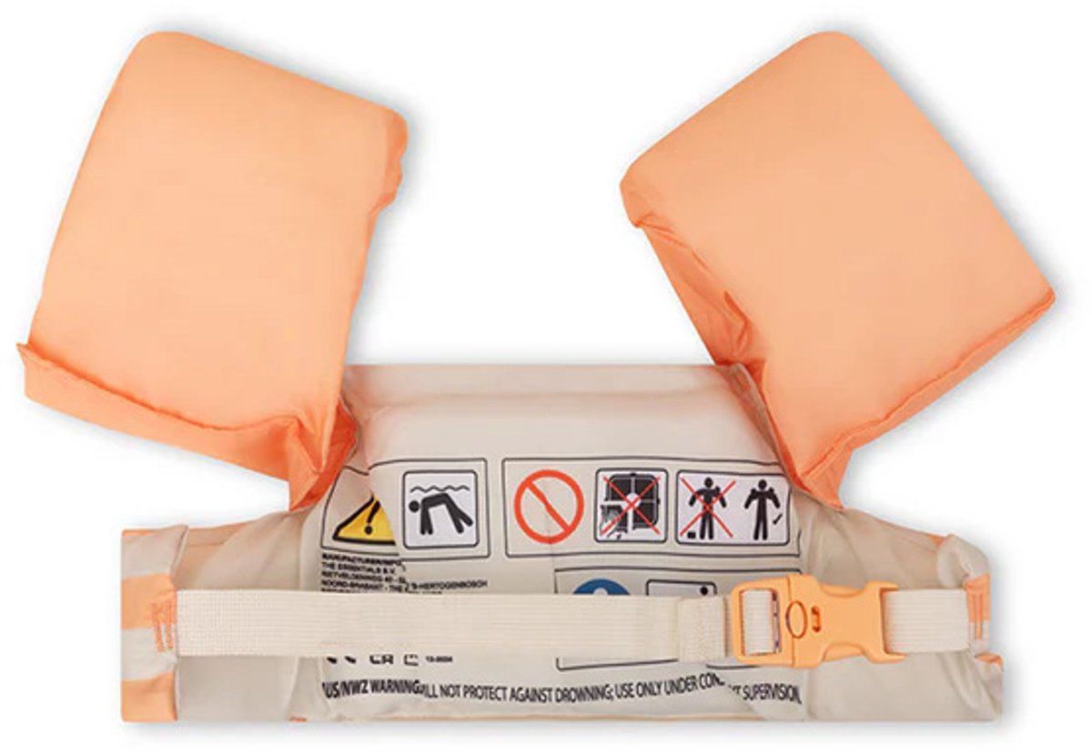 Schwimmhilfe mit Warnhinweisen. Orangefarbene Arme, weißes Brustteil mit Symbolen und Schnalle.