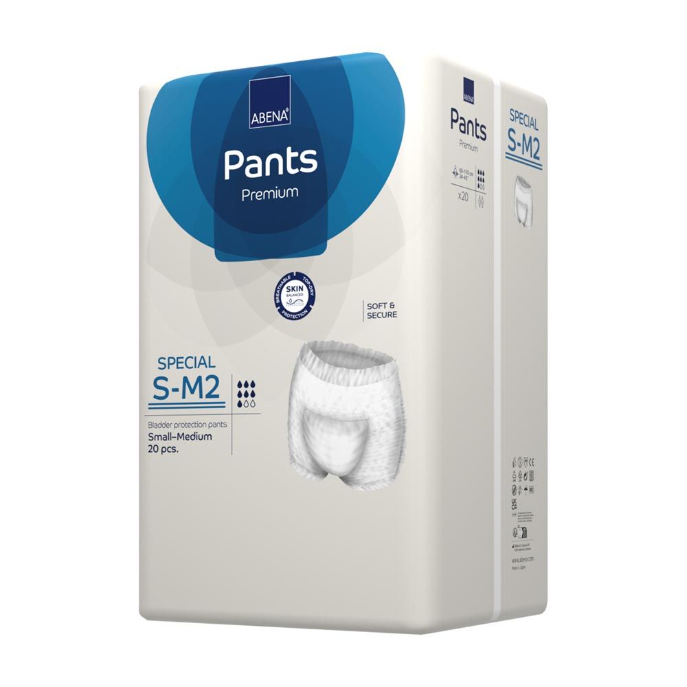 Verpackung Abena Pants Premium Special S-M2. Weiße Pants-Windel abgebildet. Aufdruck: Abena, Pants, Premium, Special S-M2, 20 Stück.