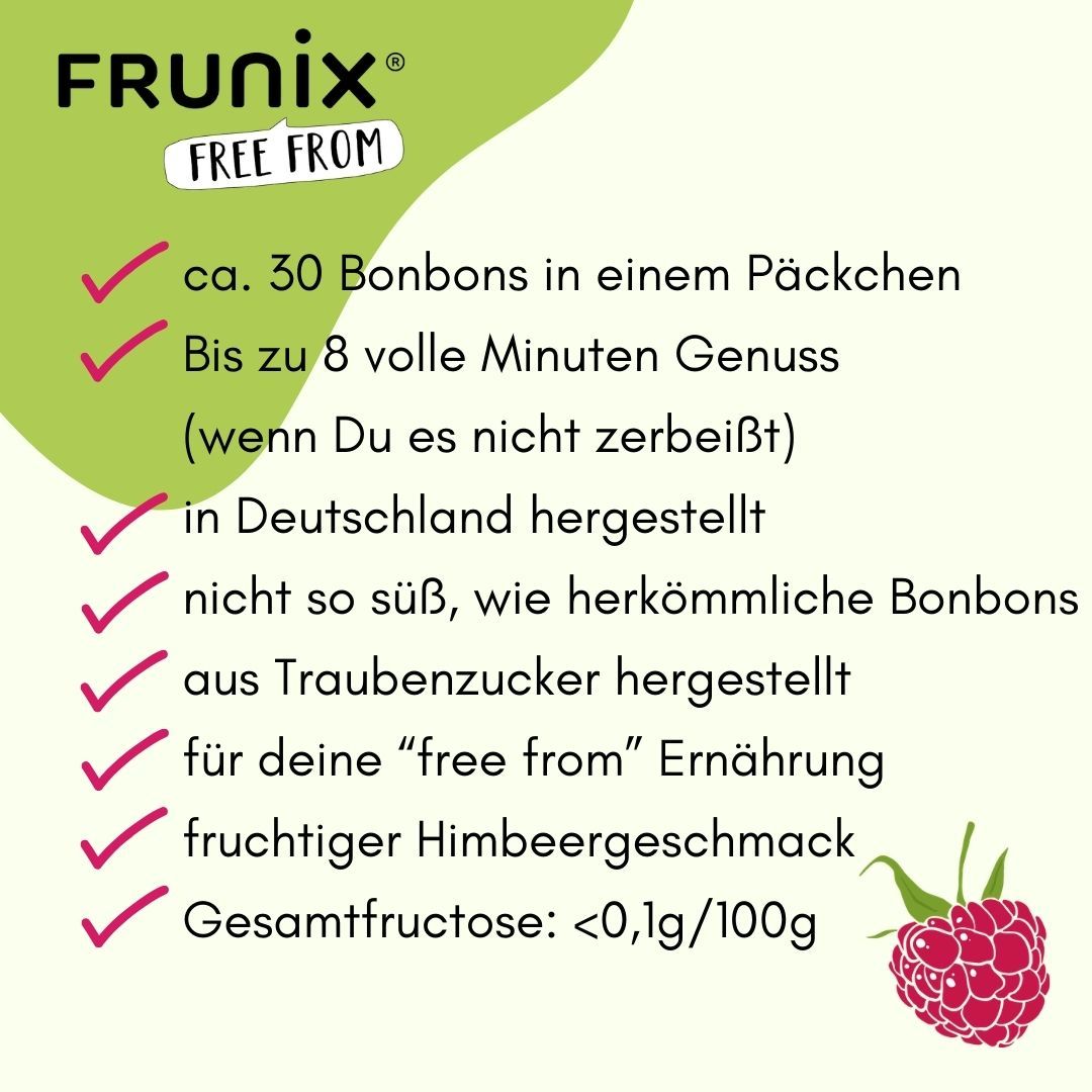 Text mit Häkchen. Enthält: ca. 30 Bonbons, bis zu 8 Minuten Genuss, hergestellt in Deutschland, fruchtiger Himbeergeschmack.