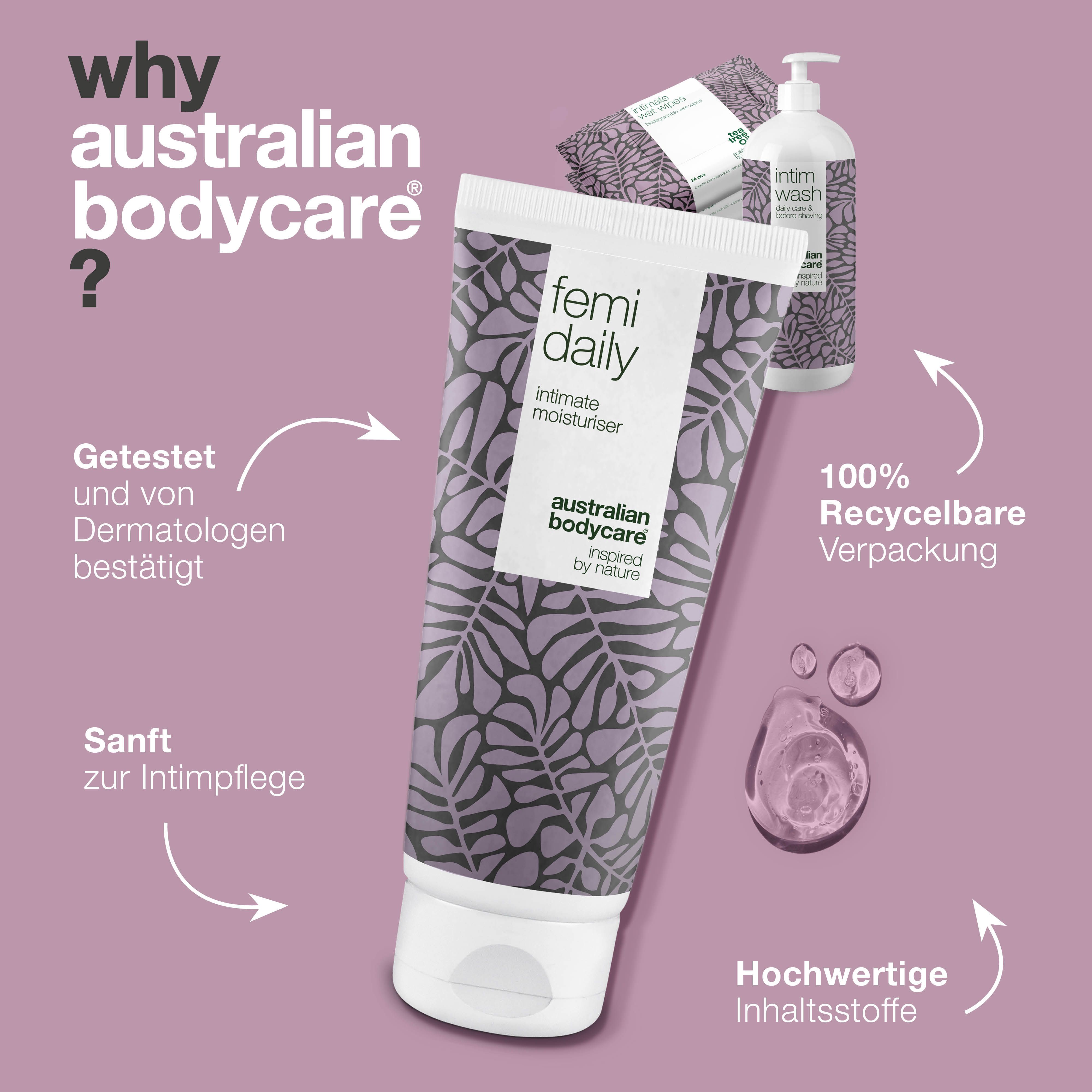 Grafik: Warum Australian Bodycare? Produkte der Intimpflege. Text und rosa Tropfen.