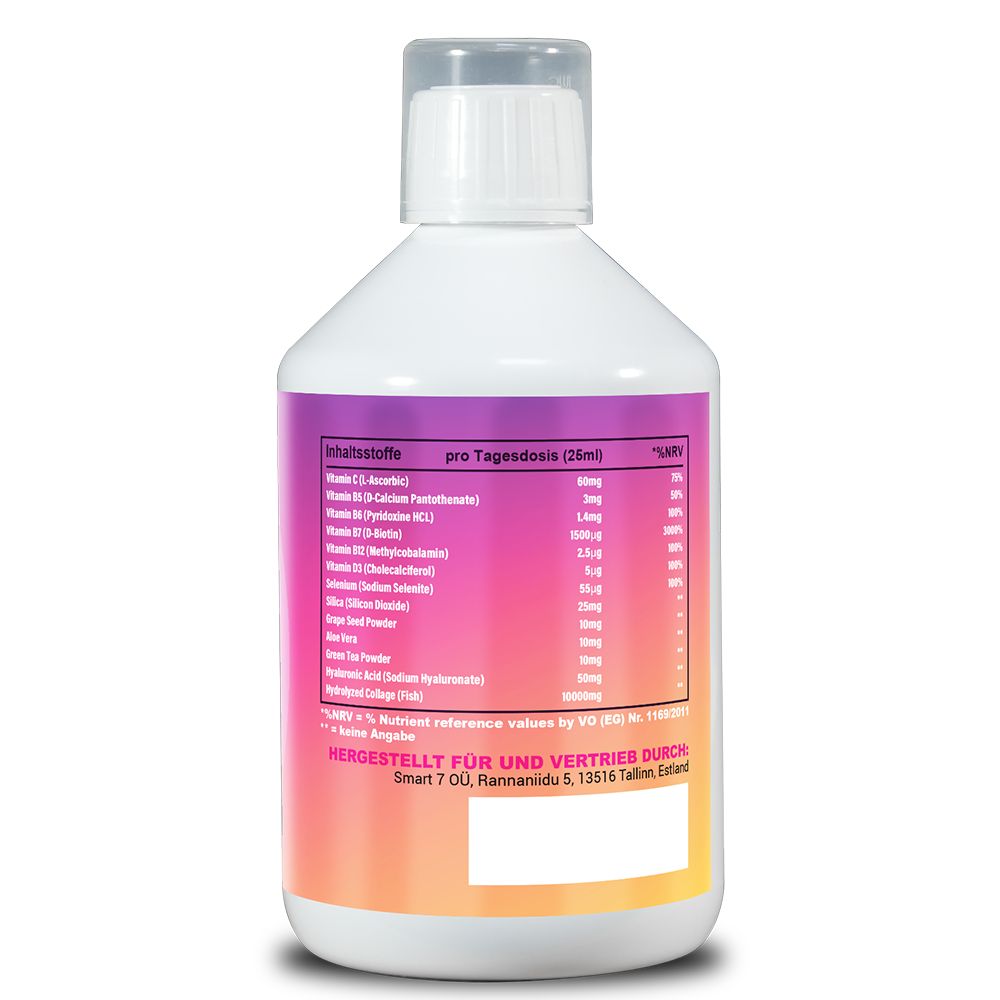 Rückseite der Flasche. Nährwertangaben pro Tagesdosis. Rosa-gelber Farbverlauf. Herstellerinformationen.