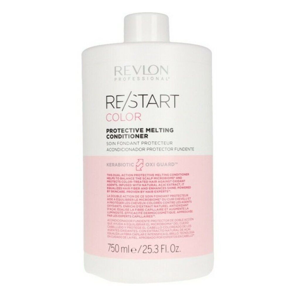 Weißer Behälter mit rosa Etikett. Aufschrift: RE/START COLOR Protective Melting Conditioner. 750 ml.