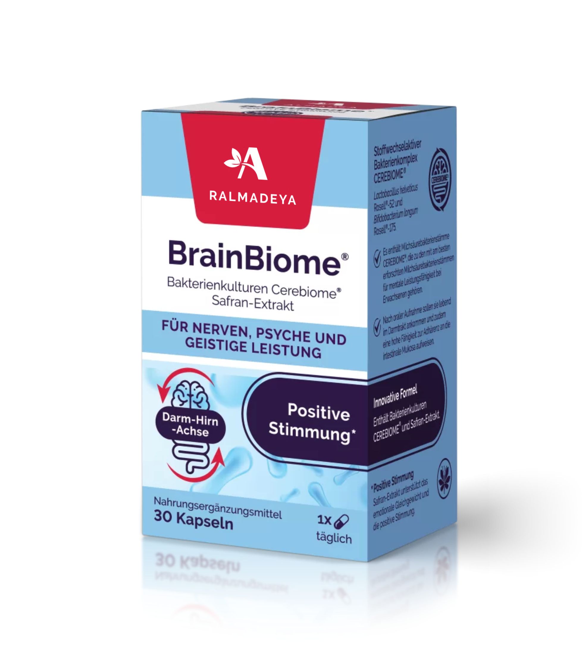 Almadea BrainBiome Kapselverpackung mit Informationen zu Nerven, Psyche und geistiger Leistung.
