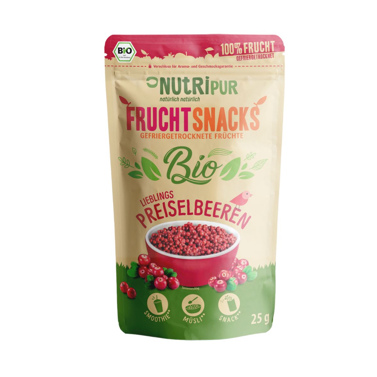 Beutel mit gefriergetrockneten Bio-Preiselbeeren. Aufschrift: NutriPur, Fruchtsnacks, Bio, 100% Frucht. Enthält 25g.
