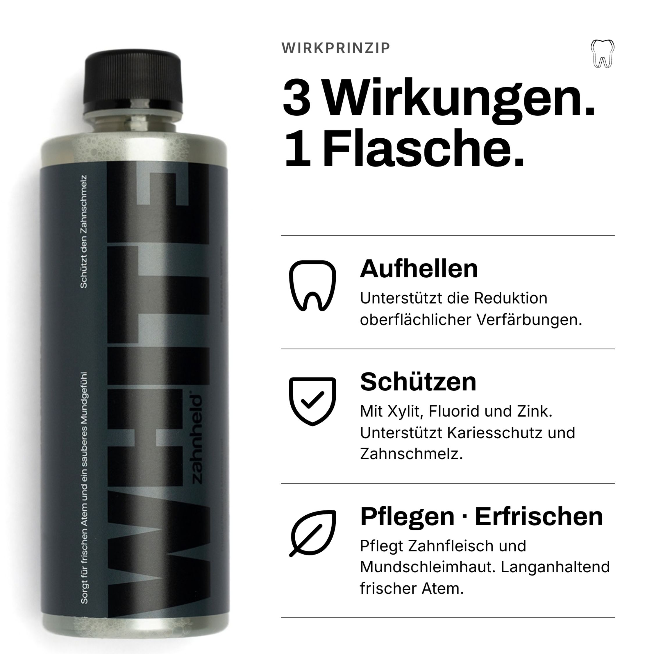Flasche Zahnheld Mundspülung Mint mit Aufhellungs-, Schutz- und Pflege-Wirkung.