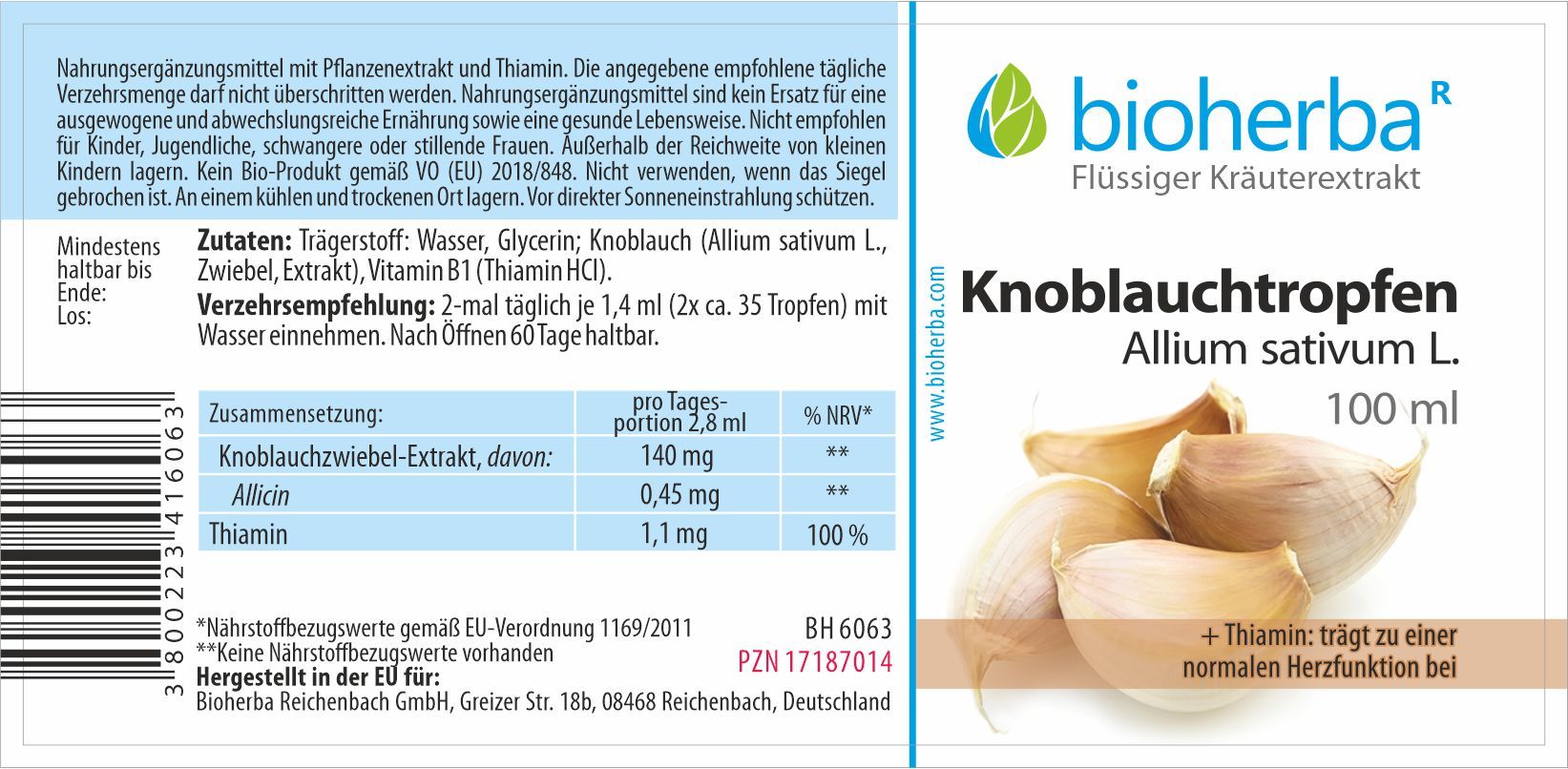 Etikett mit Produktinformationen. Text: Bioherba Knoblauchtropfen, Allium sativum L. Zutaten, Verzehrempfehlung, Nährwertangaben. Knoblauchzehen-Illustration.