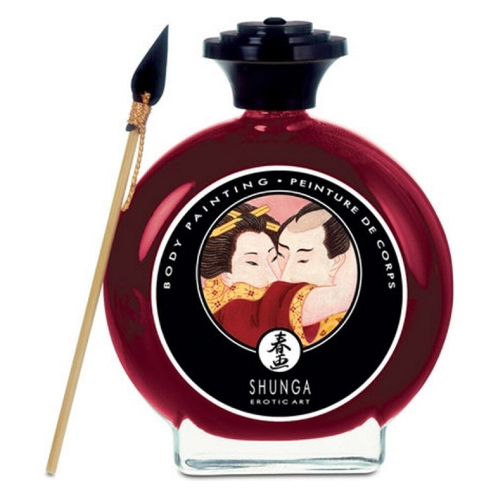 Runde Flasche mit roter Flüssigkeit, schwarzem Deckel und Etikett mit Paar-Illustration. Beiliegend ein Pinsel.