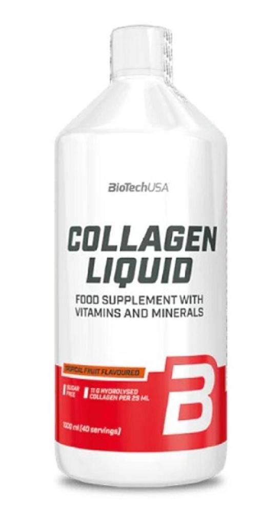 Weiße Flasche mit rotem Boden. Aufschrift: Collagen Liquid, Food Supplement. Marke: BioTechUSA. Enthält Vitamine und Mineralien. Tropische Frucht.