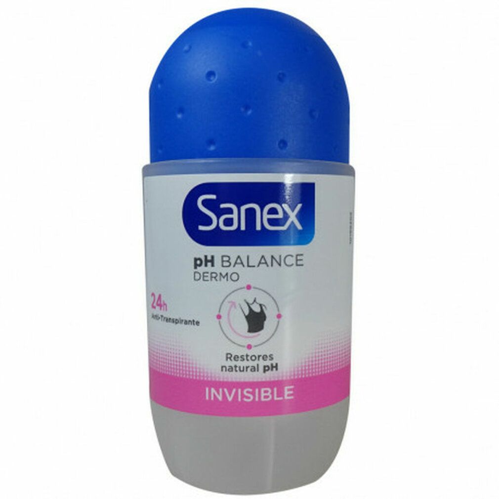 Roll-on-Deodorant mit blauer Kappe und weißem Behälter. Sanex-Logo und Produktbezeichnungen auf der Vorderseite.