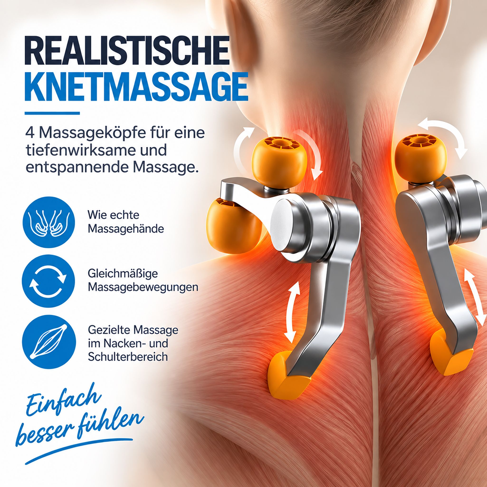 Nahaufnahme der Massageköpfe des Nackenmassagegeräts, die Nackenmuskeln simulieren.