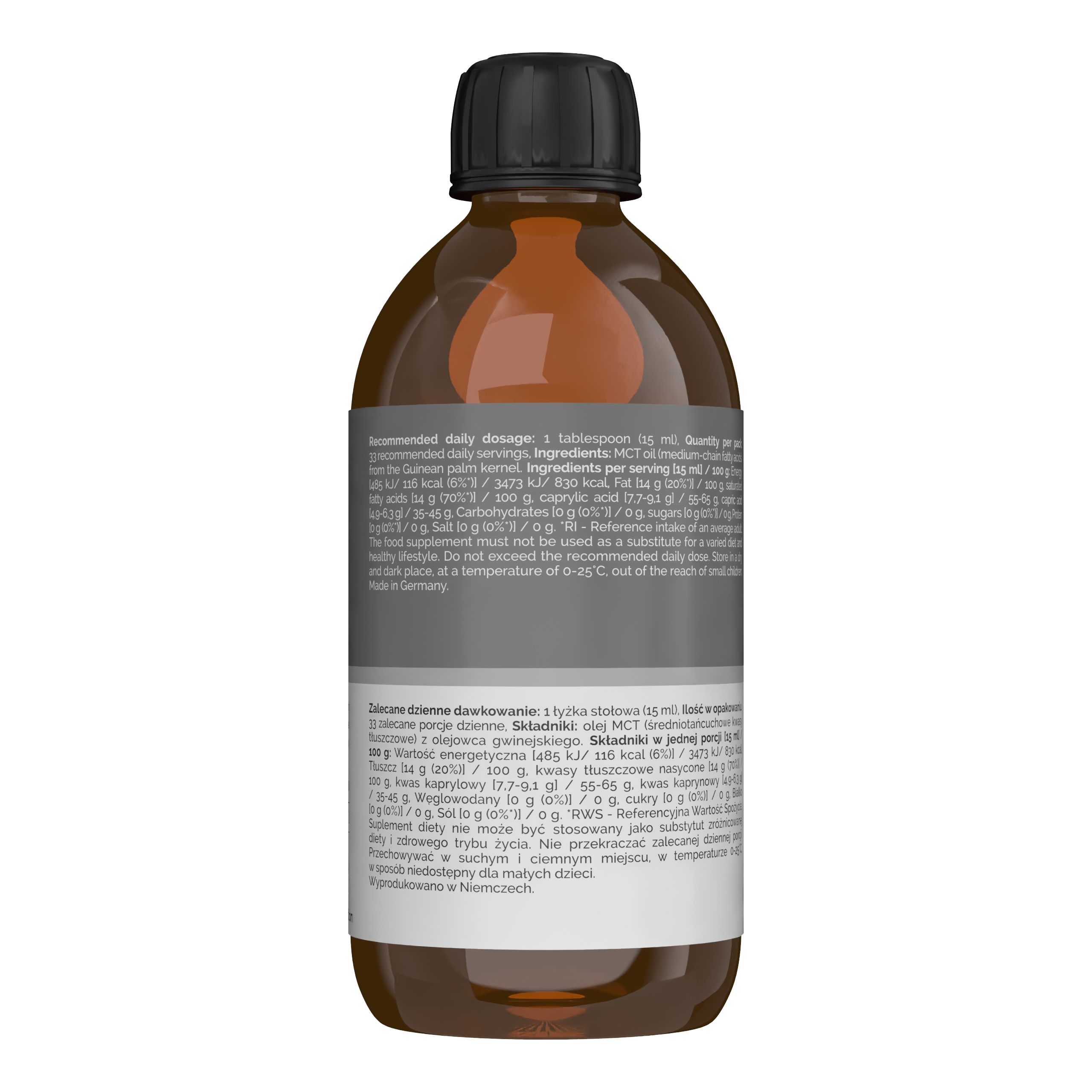 Rückseite einer braunen Glasflasche mit Vitalers MCT Öl, Nährwertangaben und Dosierungshinweisen.