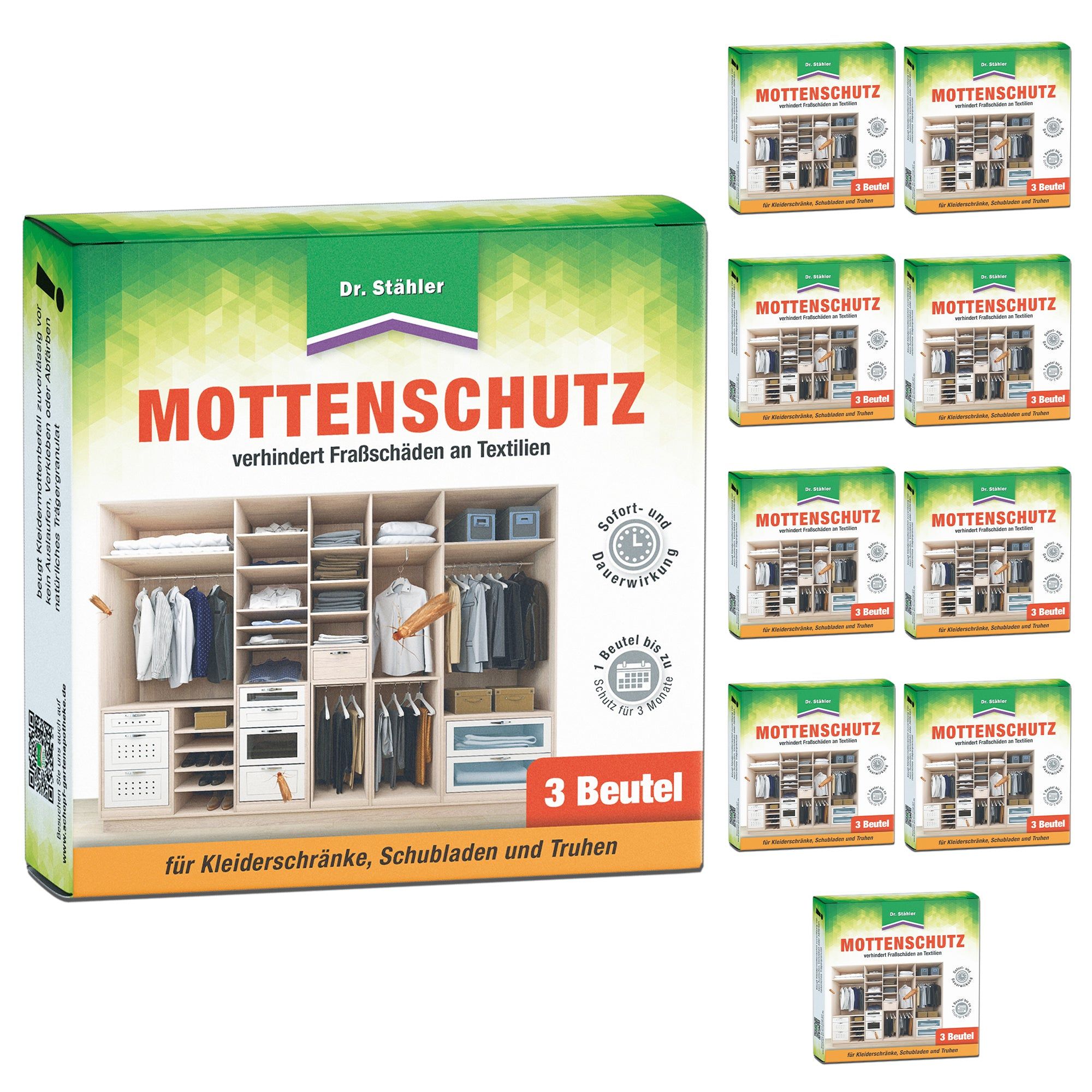 Verpackung mit 3 Duftbeuteln. Text: Mottenschutz, verhindert Fraßschäden an Textilien. Für Kleiderschränke, Schubladen und Truhen.