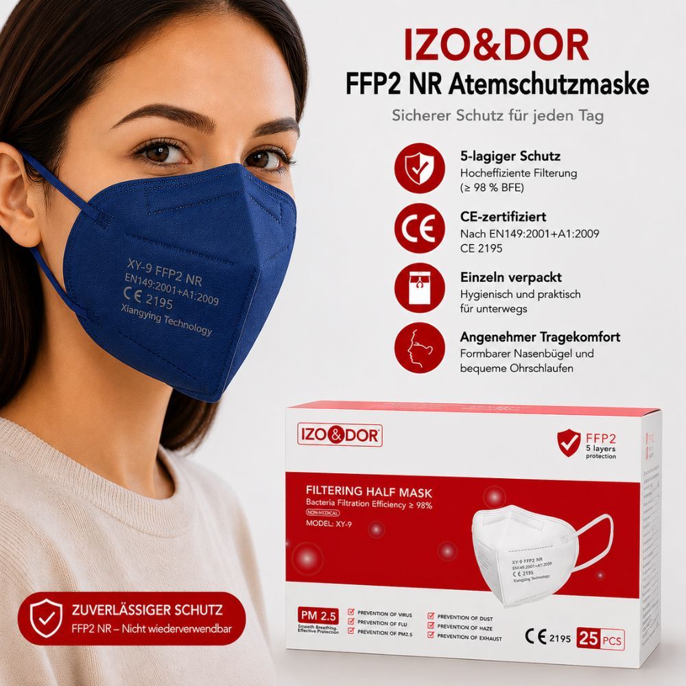 Frau trägt dunkelblaue FFP2 Maske. Verpackung zeigt 5-lagigen Schutz, CE 2195.