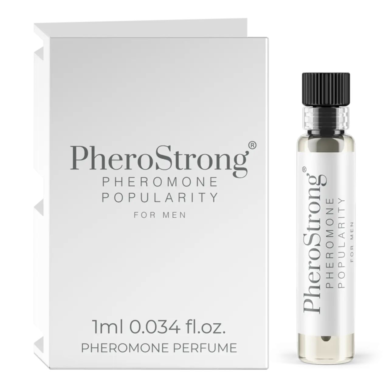 Karton und Flakon. Aufschrift: PheroStrong Pheromone Popularity für Männer. 1ml 0.034 fl.oz. Pheromone Parfum.