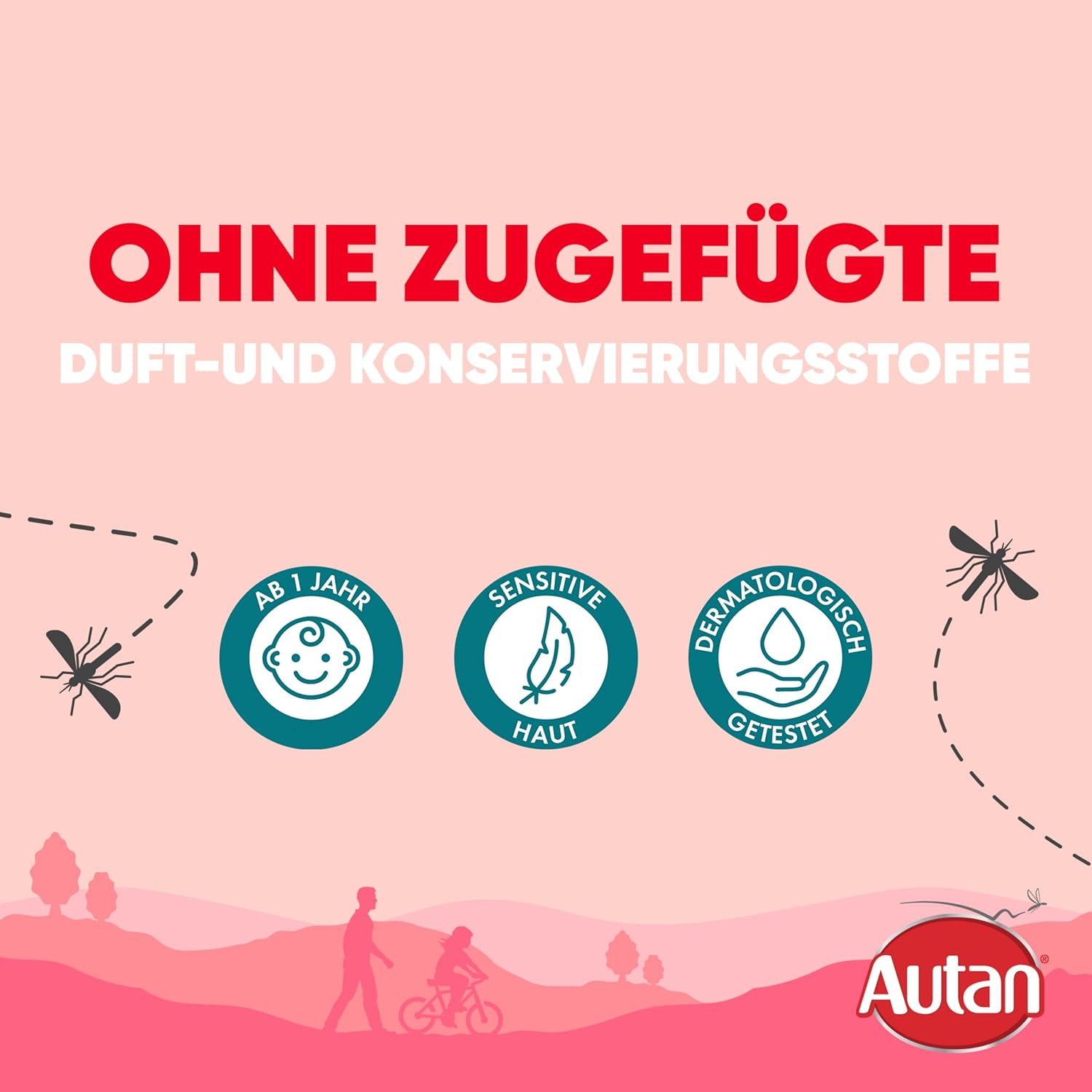 Rosa Hintergrund mit Text: Ohne zugesetzte Duft- und Konservierungsstoffe. Symbole: Baby, sensitive Haut, dermatologisch getestet. Autan Logo unten rechts.