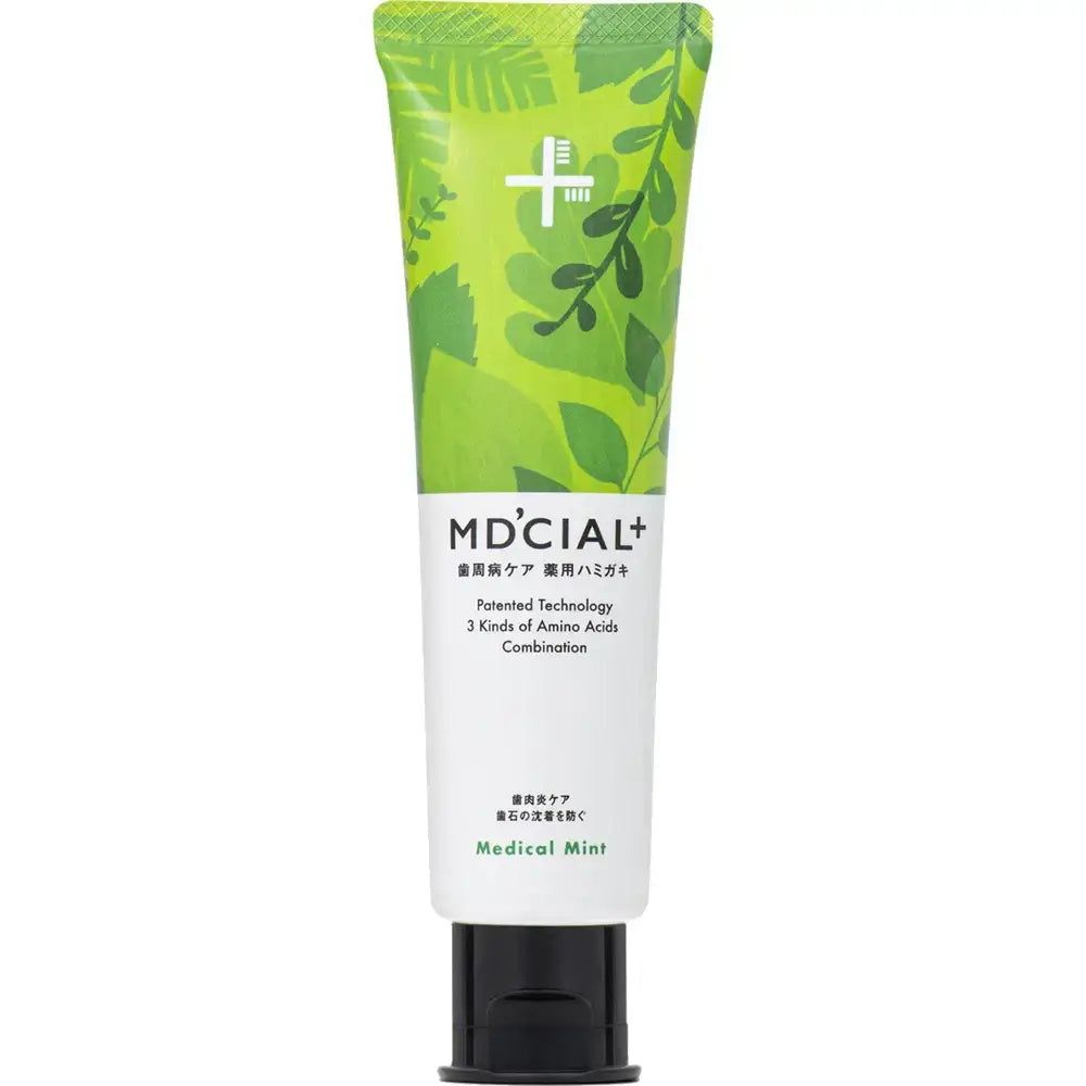 Zahncreme-Tube mit grünem Design und Schriftzug MD'CIAL+. Aufschrift: Medical Mint. Schwarzer Verschluss.