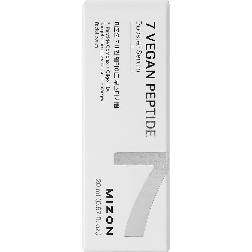 Weiße Verpackung mit Produktnamen und Logo. Text: 7 VEGAN PEPTIDE Booster Serum. Volumen: 20 ml. Marke: MIZON.