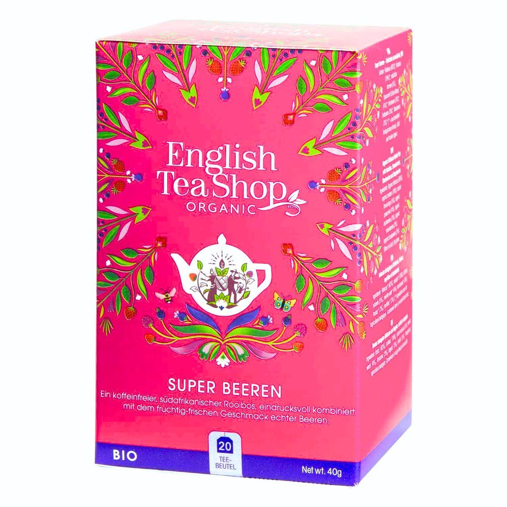 Rosa Verpackung mit "English Tea Shop Organic". "Super Beeren"-Text. 20 Teebeutel. Bio-Siegel. Netto 40g.