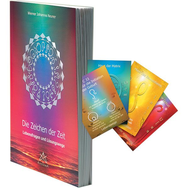 Buch und Orakelkartenset. Buch mit Titel "Die Zeichen der Zeit". Mehrfarbiger Einband. Karten mit Text und Symbolen. Antara Verlag.