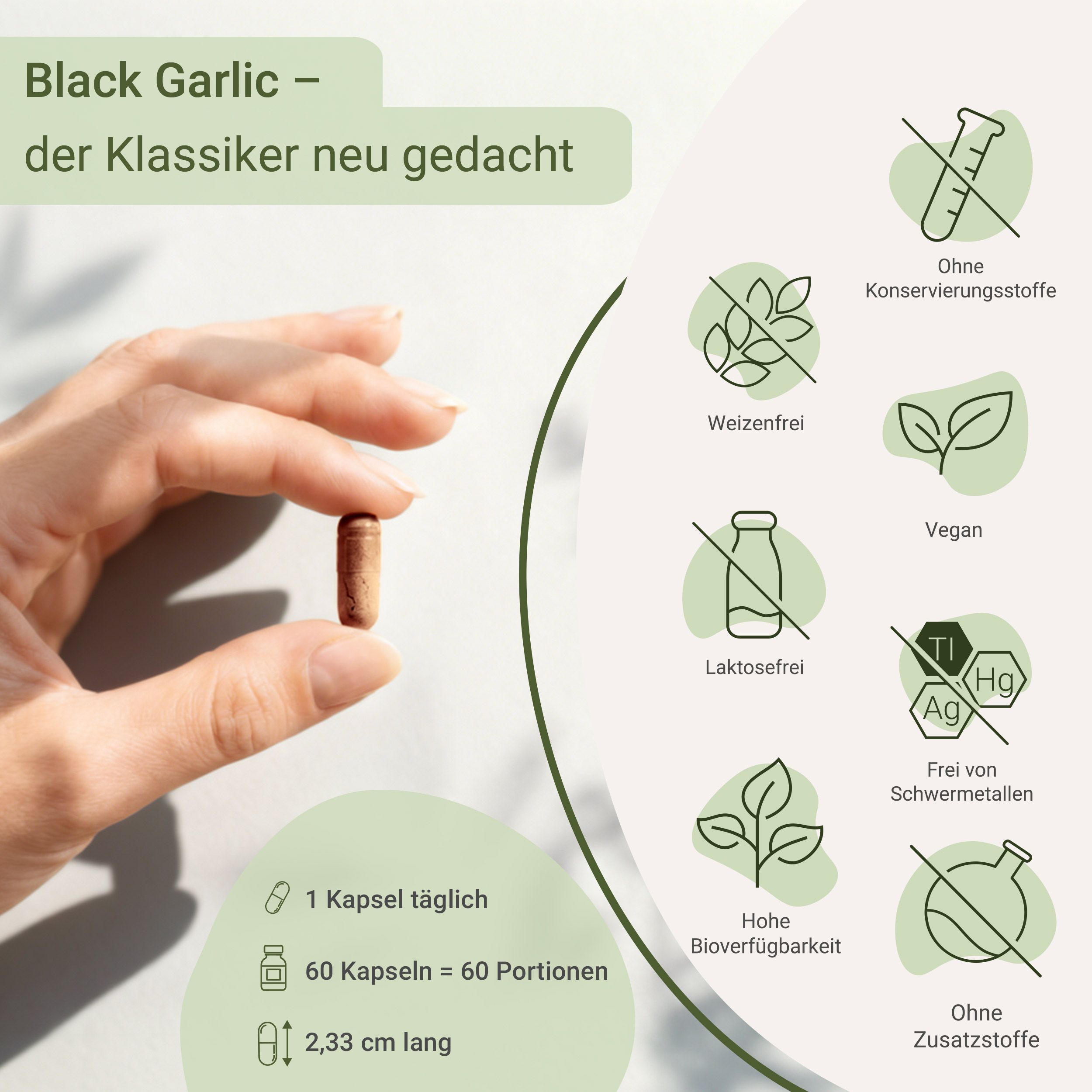 Eine Hand hält eine Kapsel Schwarzer Knoblauch Plus. Icons zeigen Vorteile wie 'Ohne Konservierungsstoffe'.
