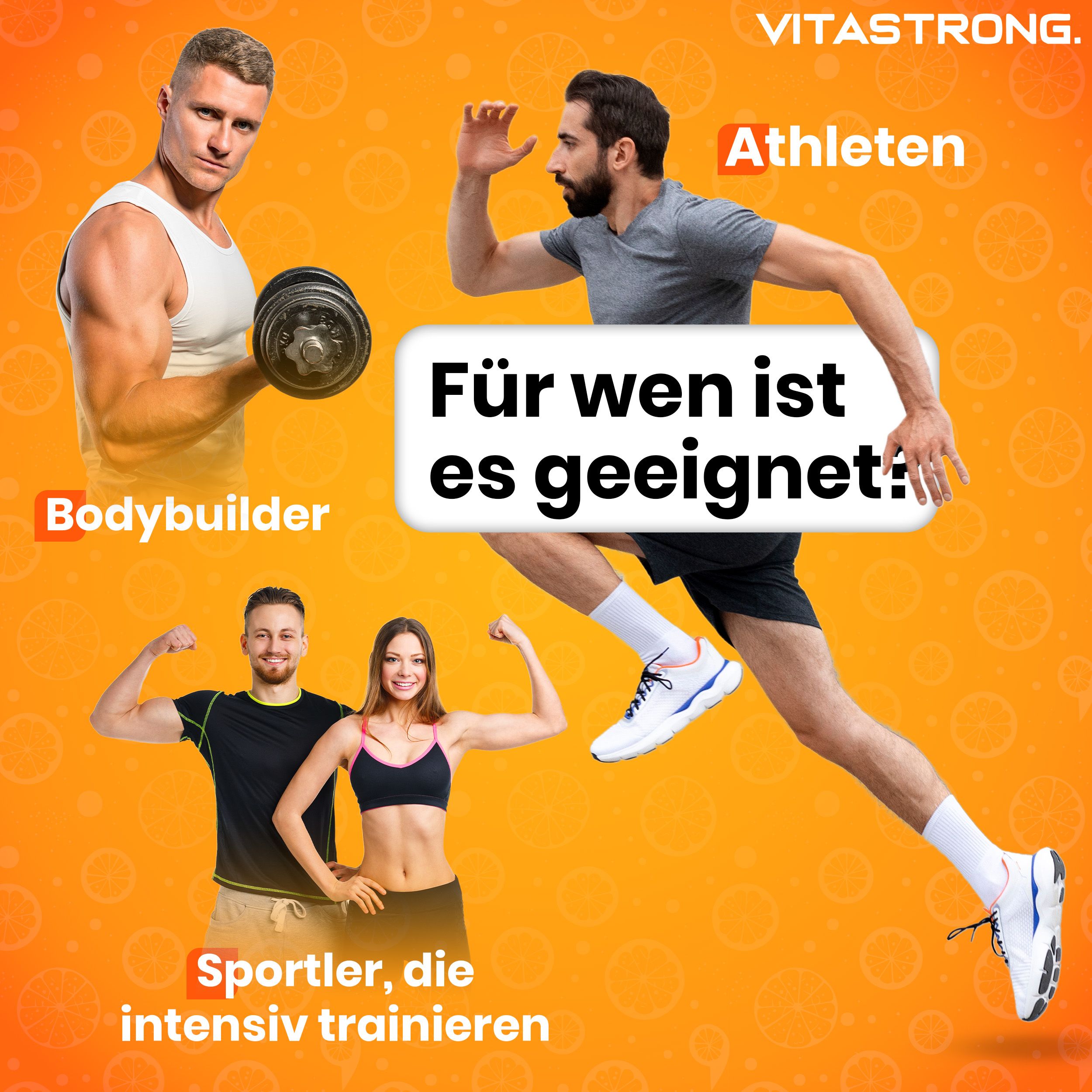 Sportler, Bodybuilder und Athleten. Vitastrong EAA PRO Zitrone. Dose mit Pulver. Text: Für wen ist es geeignet?