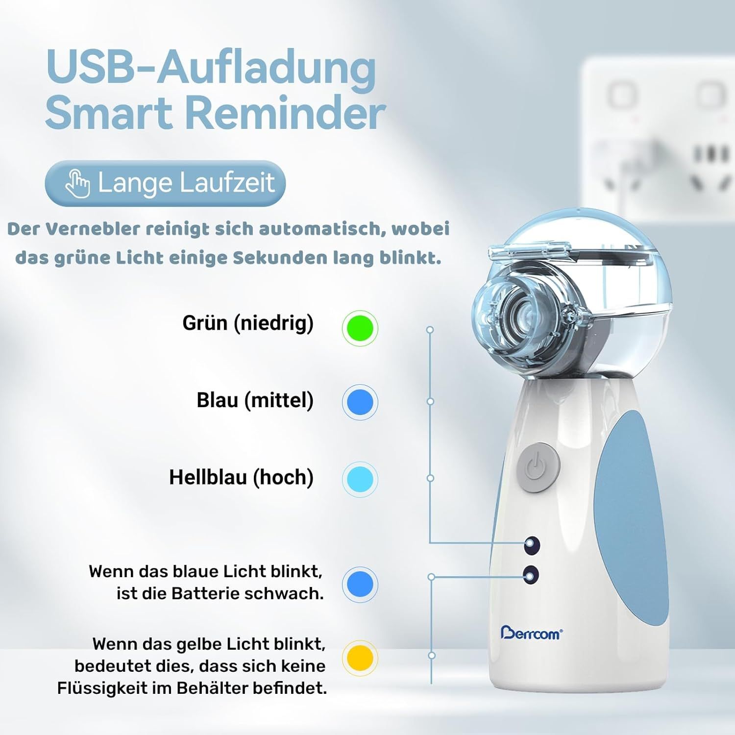Weiß-blauer Vernebler. Text: USB-Aufladung, lange Laufzeit, grüne, blaue, hellblaue und gelbe Lichter. Stecker im Hintergrund.