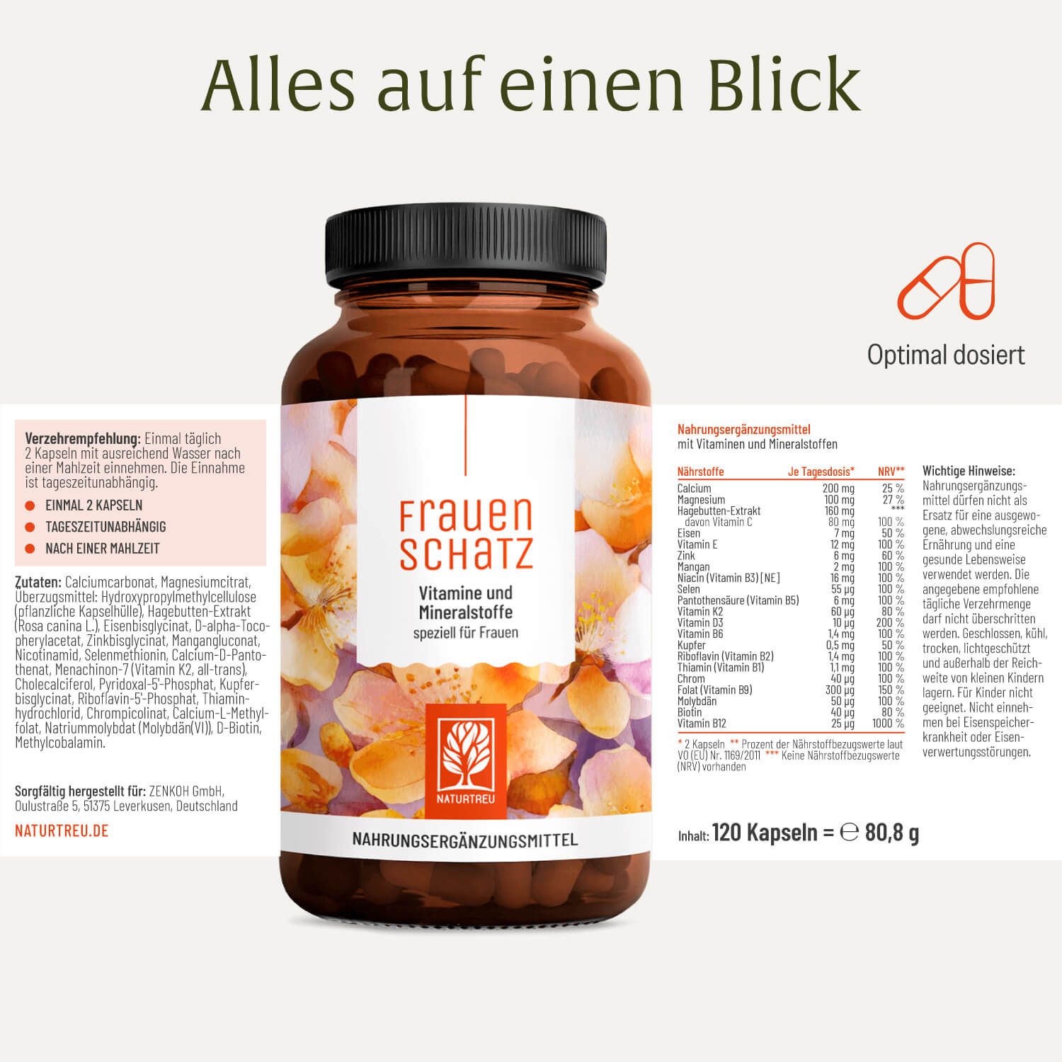 Flasche "Frauenschatz" mit Inhaltsangaben und Dosierung. 120 Kapseln. Nährwerttabelle.