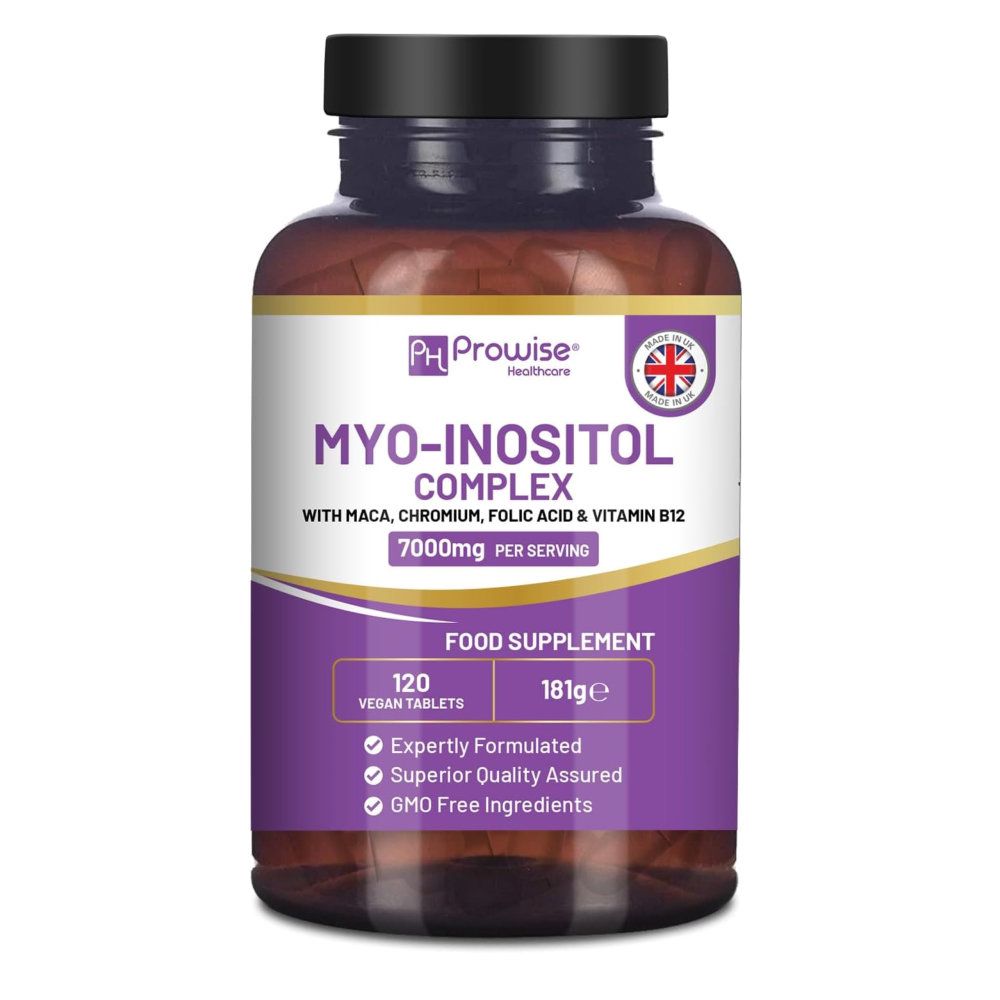 Braune Flasche mit schwarzem Deckel. Lila Etikett mit Aufschrift: Myo-Inositol Komplex. 120 Tabletten. 181g. Vegan. Mit britischem Qualitätszeichen.