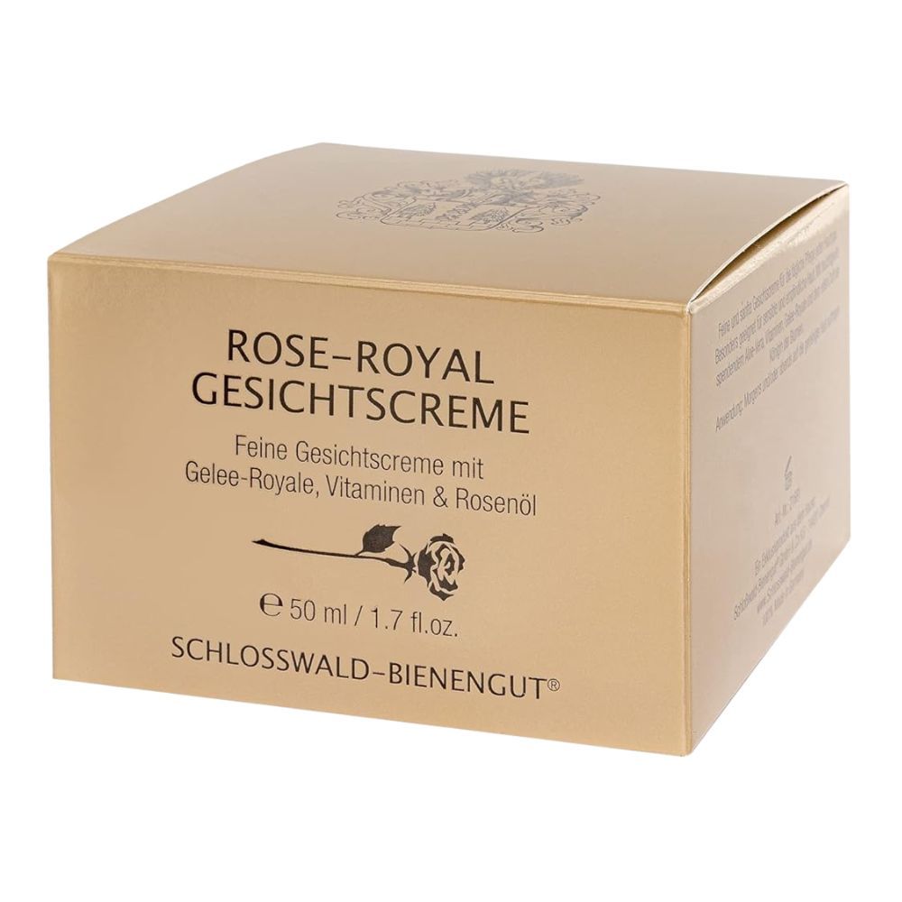 Goldfarbene Schachtel mit Aufschrift "ROSE-ROYAL GESICHTSCREME". Produktname und Marke sichtbar.