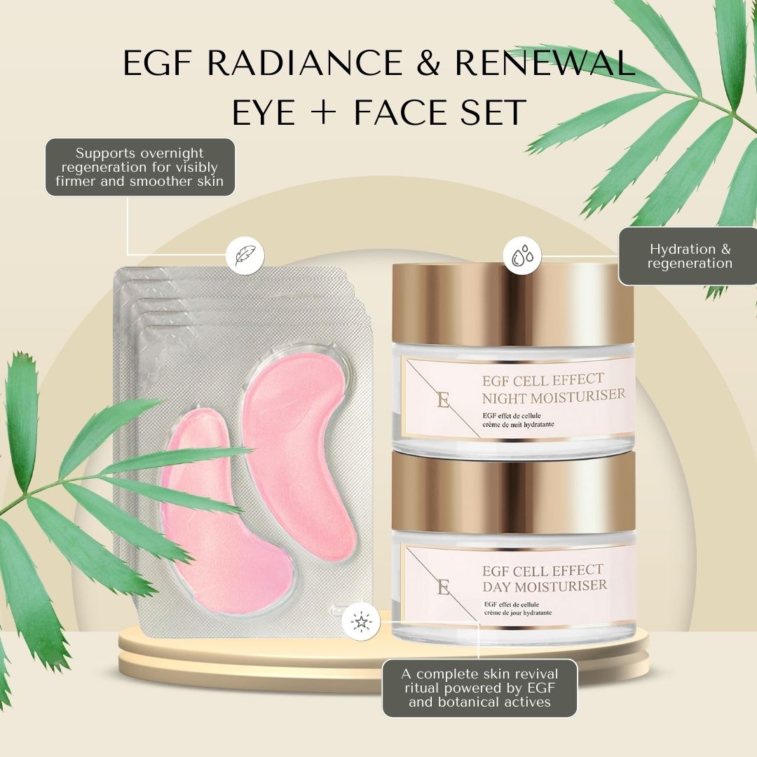 Tages- und Nachtcreme, Augenpads. Cremetiegel mit goldfarbenen Deckeln. Beschriftung: EGF Cell Effect. Text: EGF Radiance & Renewal Eye + Face Set.