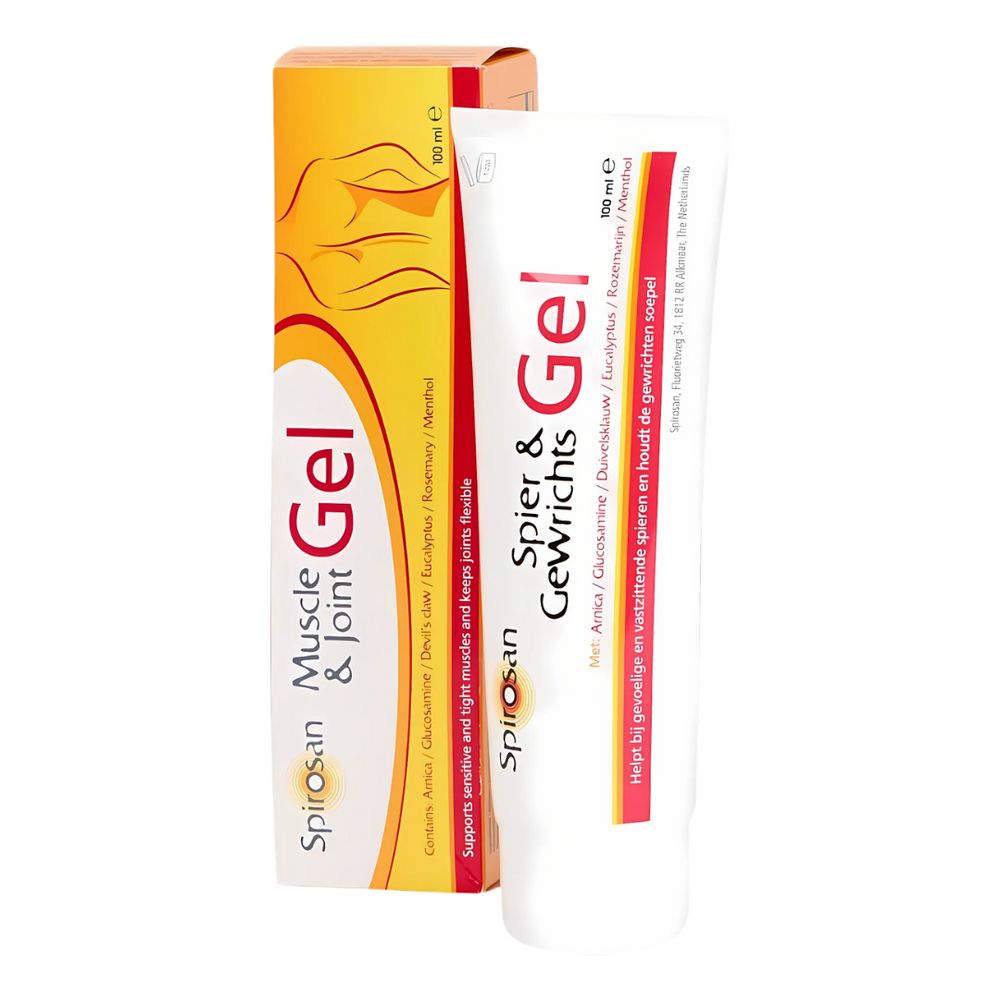 Tube und Schachtel mit Aufschrift 'Spirosan Muskel & Gelenk Gel'. Gel-Tube mit roter und weißer Beschriftung.